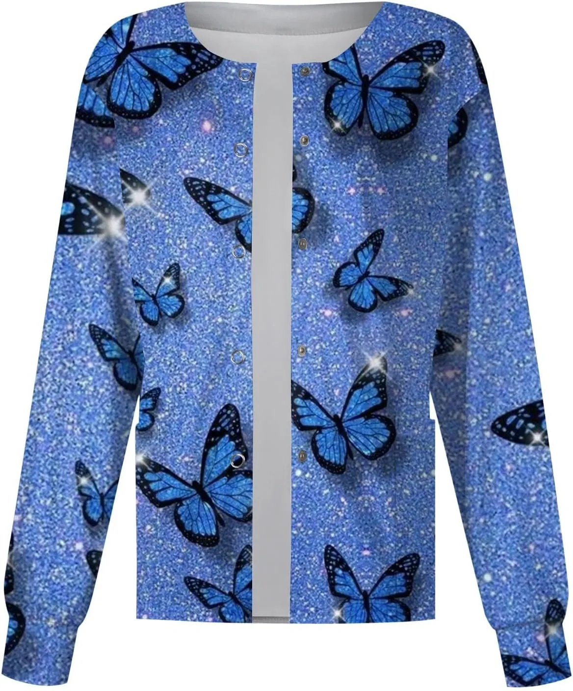 Women Scrubs Jacket Long Sleeve Snap Front Warm Up Medical Scrub Tops Butterfly Print Nurse Working Uniforms