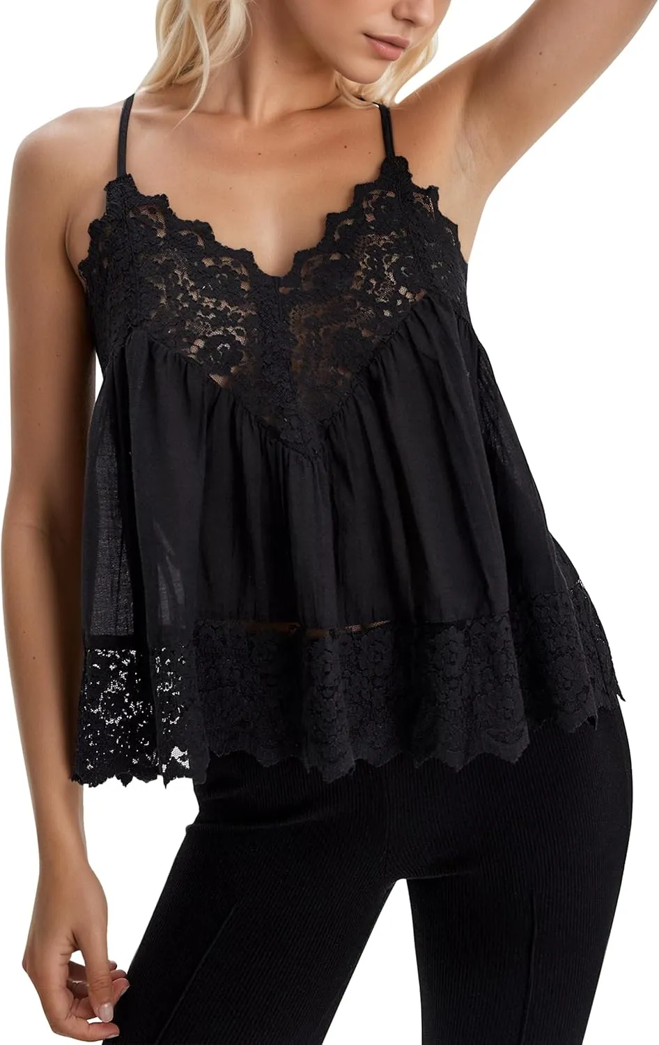 Women Sexy V Neck Sleeveless Lace Camisole Tops Flowy Floral Backless Spaghetti Strap Tank Tops Sheer Boho Mesh Tops