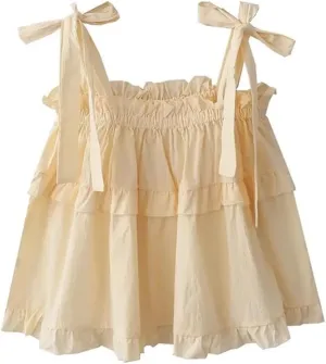 Women Solid Sleeveless Loose Camisole Preppy Casual Retro Hot Girls Pleated Vests Tops