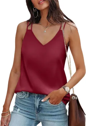 Women Summer V Neck Tank Tops Silk Satin Sleeveless Camisole Claret S