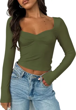 Women Sweetheart Neckline Basic Fitted Tops Long Sleeve Going Out Crop Tops Ruched T Shirts