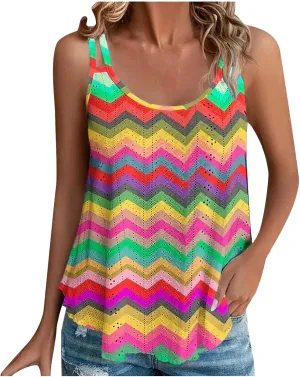 Women Tank Tops Eyelet Striped Sleeveless Camisole Casual Spaghetti Strap Round Neck 2025 Summer Beach Flowy Shirt