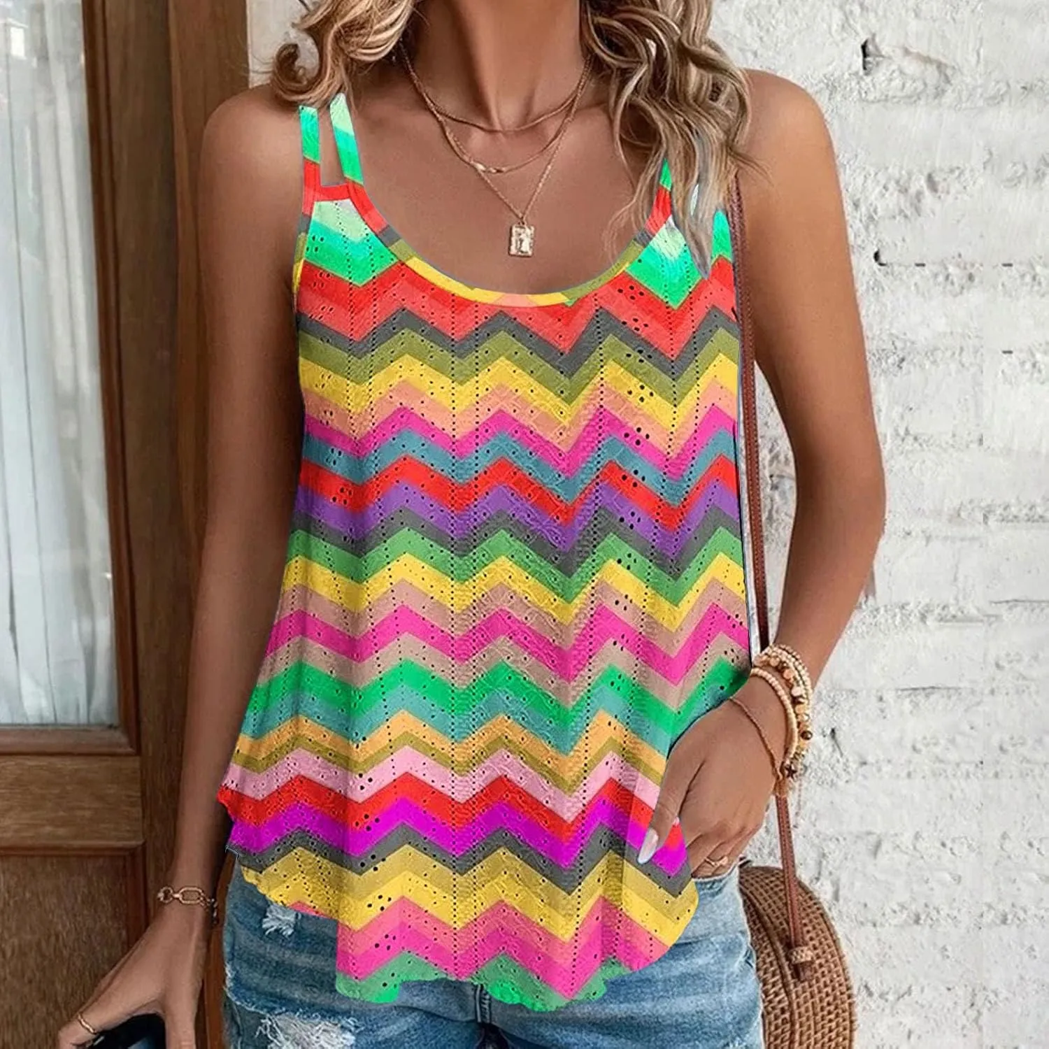 Women Tank Tops Eyelet Striped Sleeveless Camisole Casual Spaghetti Strap Round Neck 2025 Summer Beach Flowy Shirt