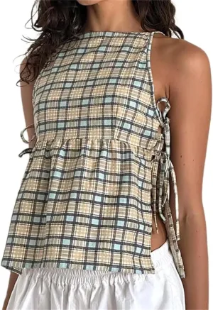 Women Tie Side Tank Top Sleeveless Split Peplum Coquette Shirt Plaid Trendy Going Out Summer Tops Y2k Streetwear