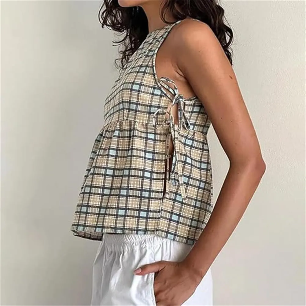 Women Tie Side Tank Top Sleeveless Split Peplum Coquette Shirt Plaid Trendy Going Out Summer Tops Y2k Streetwear