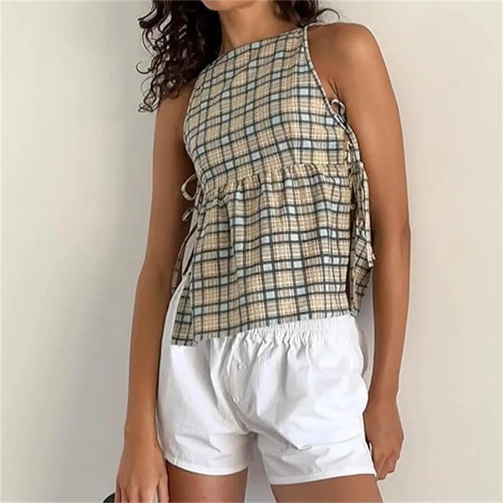 Women Tie Side Tank Top Sleeveless Split Peplum Coquette Shirt Plaid Trendy Going Out Summer Tops Y2k Streetwear