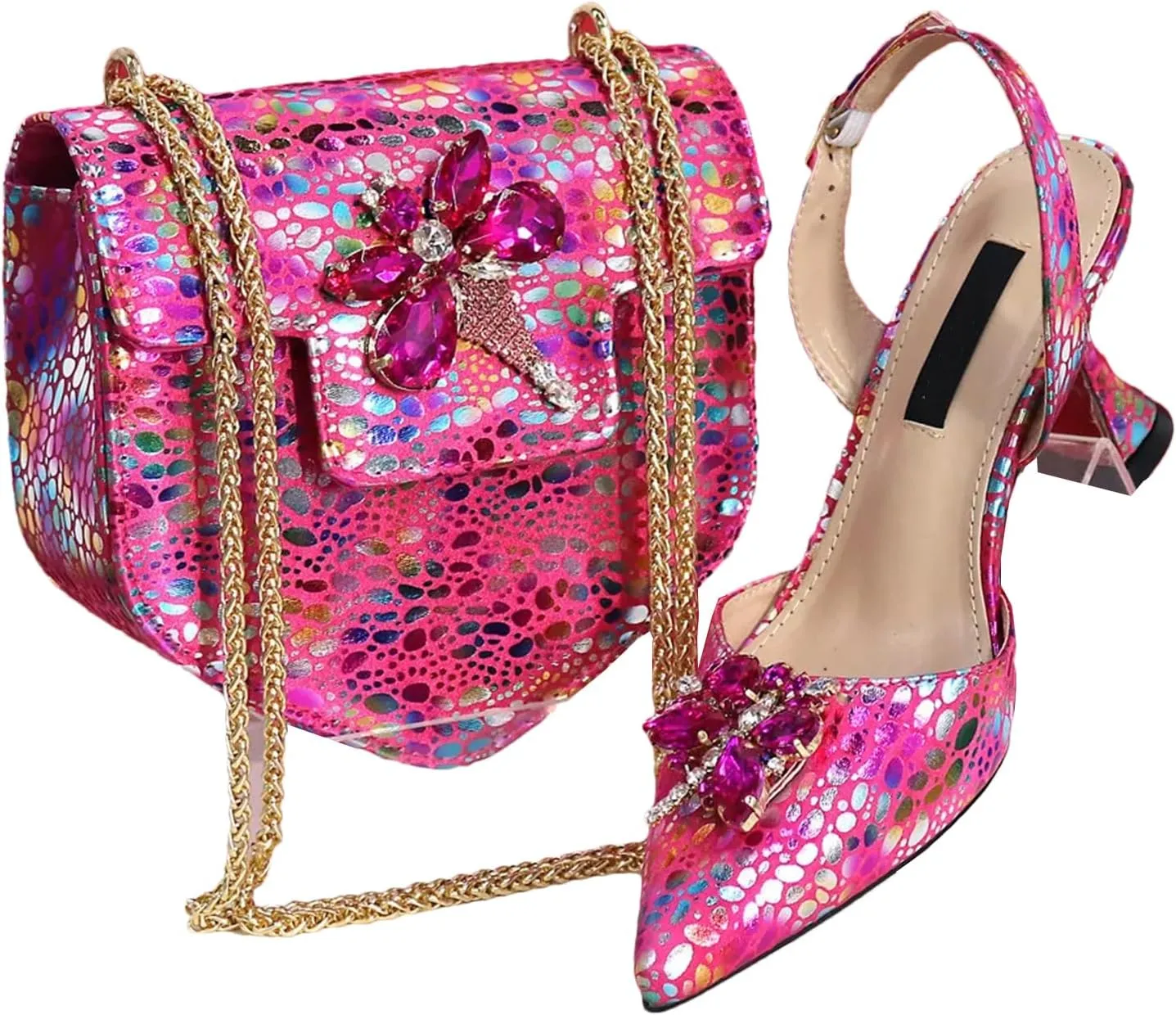 Womens African Lace Rhinestone Wedding Shoes Set Italian Bridal Pumps and Mini Evening Bag Party Accessories