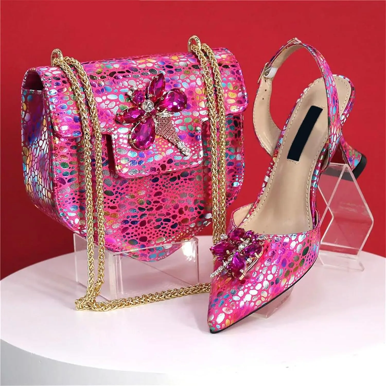 Womens African Lace Rhinestone Wedding Shoes Set Italian Bridal Pumps and Mini Evening Bag Party Accessories