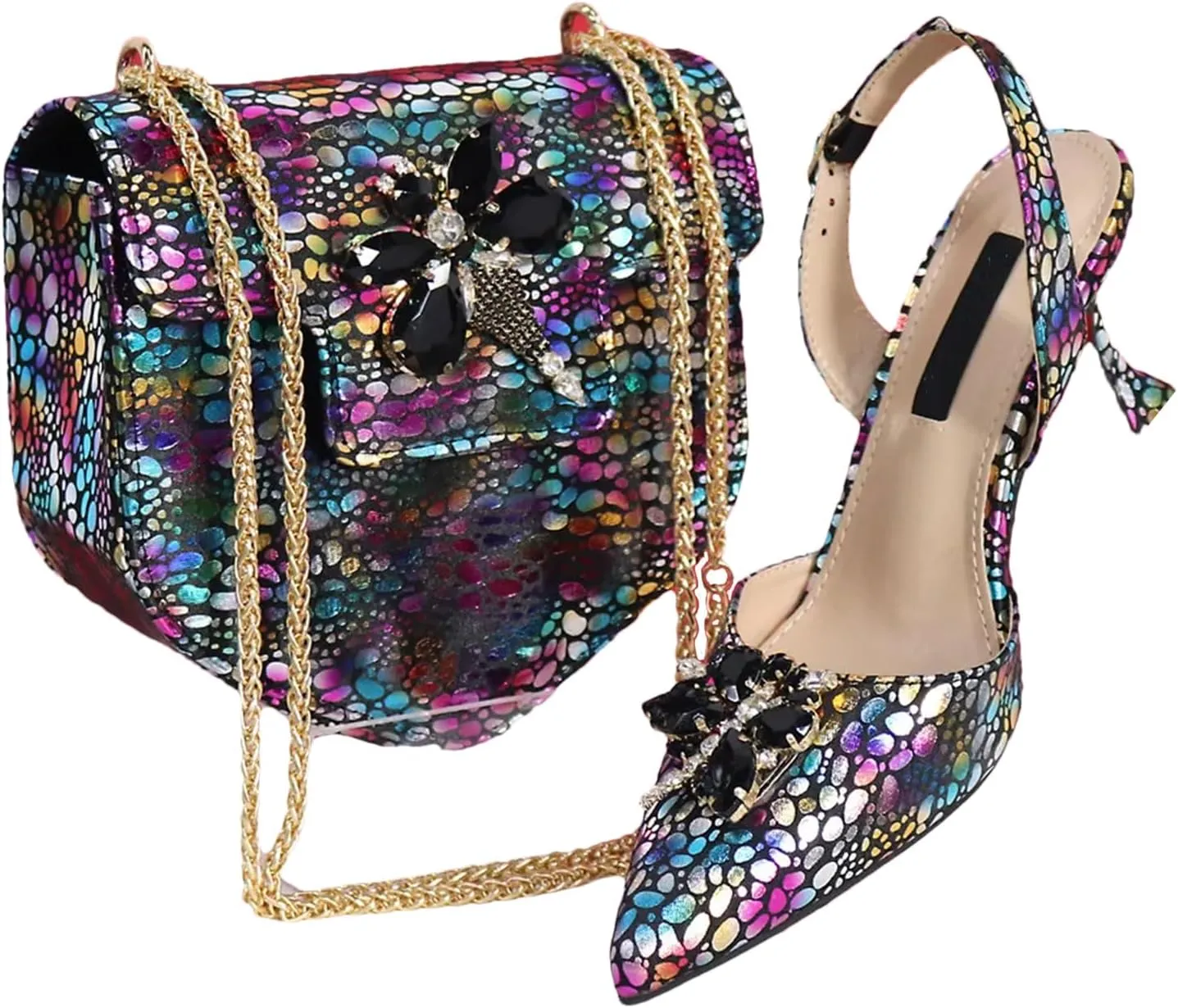 Womens African Lace Rhinestone Wedding Shoes Set Italian Bridal Pumps and Mini Evening Bag Party Accessories