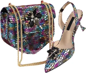 Womens African Lace Rhinestone Wedding Shoes Set Italian Bridal Pumps and Mini Evening Bag Party Accessories
