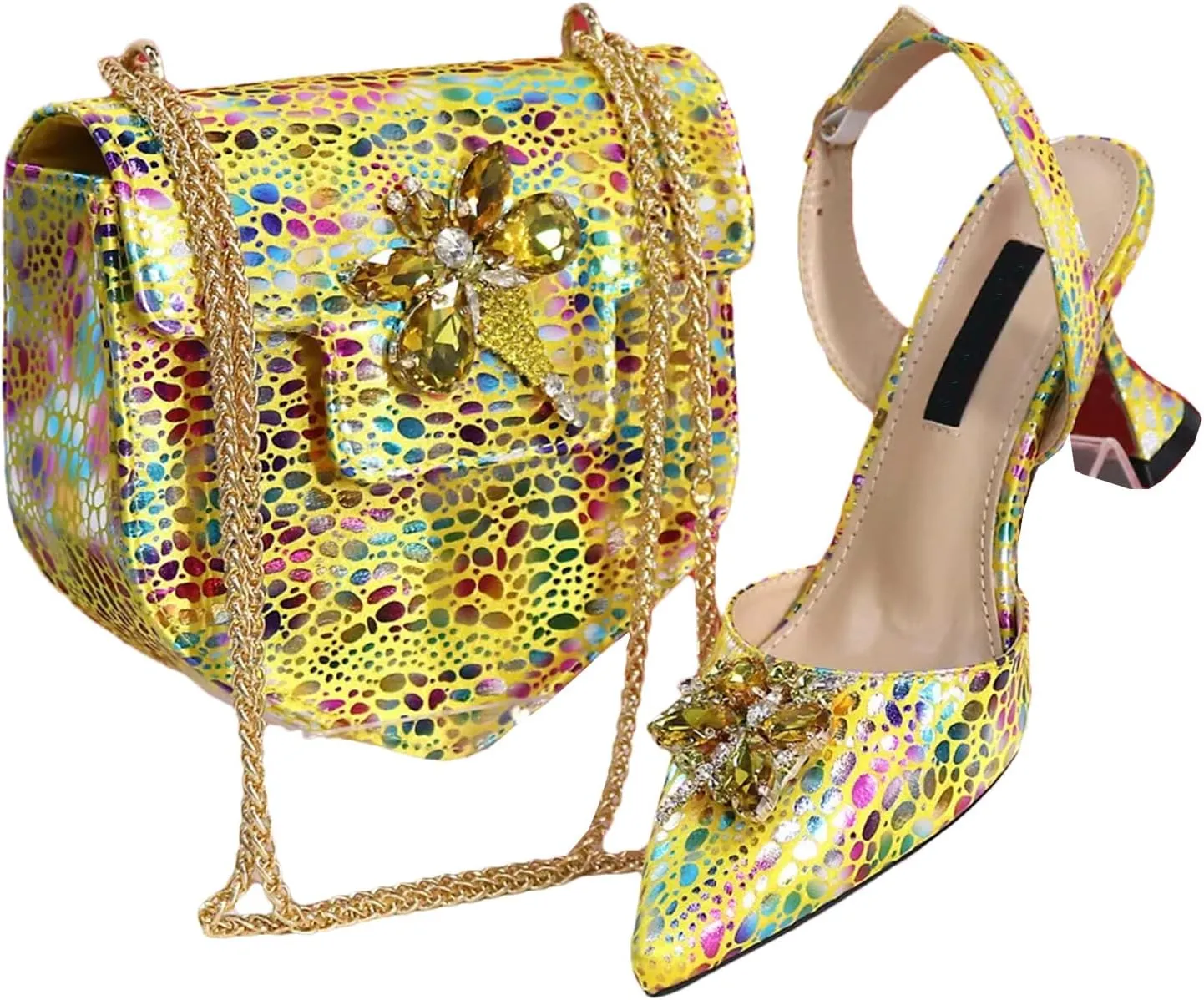 Womens African Lace Rhinestone Wedding Shoes Set Italian Bridal Pumps and Mini Evening Bag Party Accessories