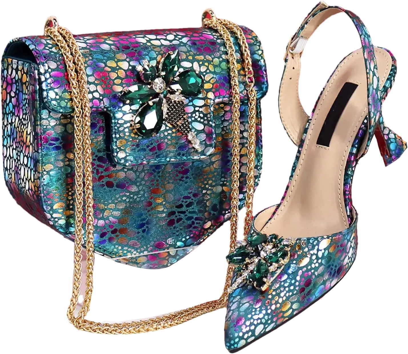Womens African Lace Rhinestone Wedding Shoes Set Italian Bridal Pumps and Mini Evening Bag Party Accessories
