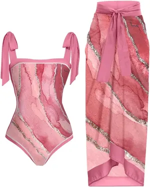 Women's Beach Match Elegant Swimsuits Sets - Pink Floral Triangle Bikini Swimsuits