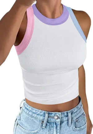 Women's Color Block Ribbed Crop Tank Top Summer Racerback Crewneck Sleeveless Slim Fit Crop Tops Shirts 2025