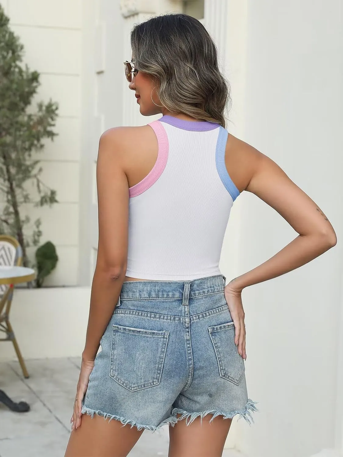 Women's Color Block Ribbed Crop Tank Top Summer Racerback Crewneck Sleeveless Slim Fit Crop Tops Shirts 2025