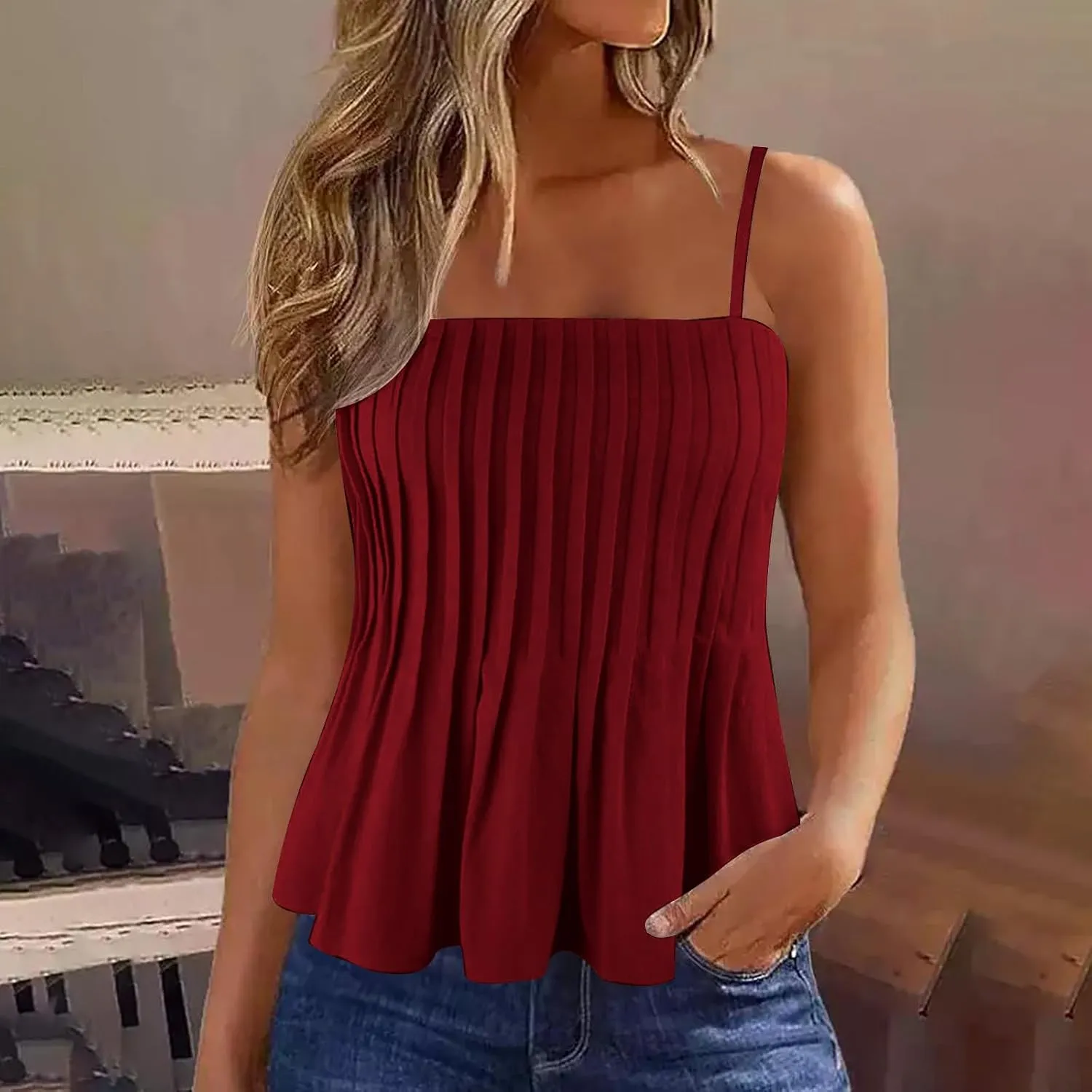 Women's Cute Camisole Adjustable Spaghetti Strap Peplum Tops Flowy Pleated Crop Tops Loose Fit Flare Babydoll Shirts