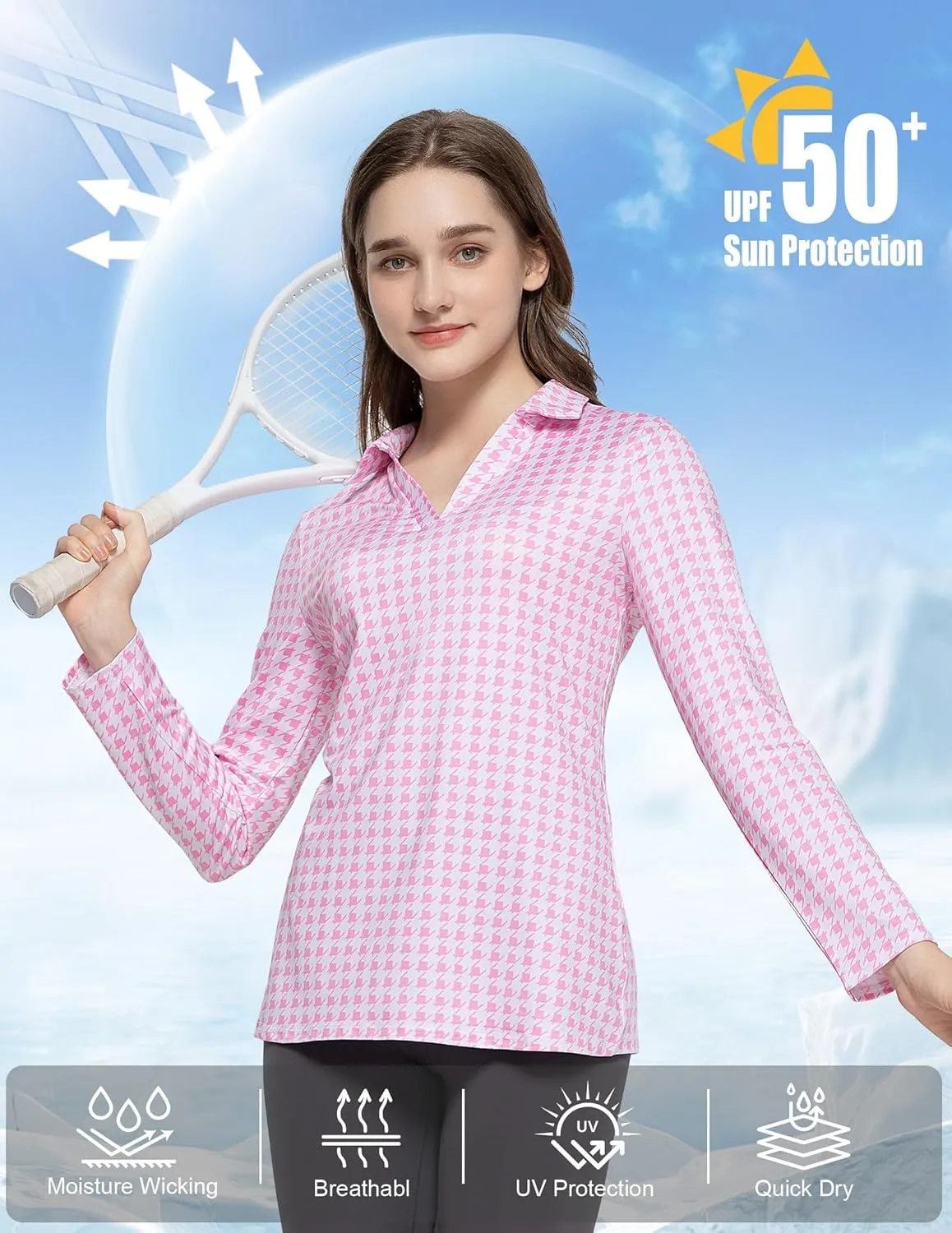 Women's Golf Polo Shirts Long Sleeve Workout Tops V Neck UPF 50  Sun Protection Quick Dry Lightweight Active Shirts