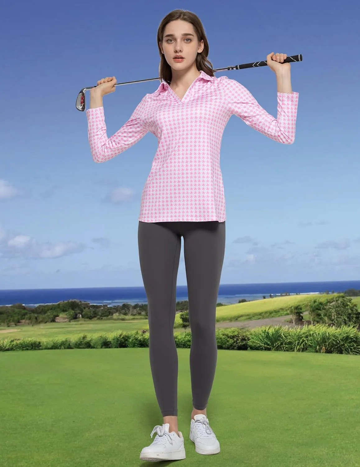 Women's Golf Polo Shirts Long Sleeve Workout Tops V Neck UPF 50  Sun Protection Quick Dry Lightweight Active Shirts