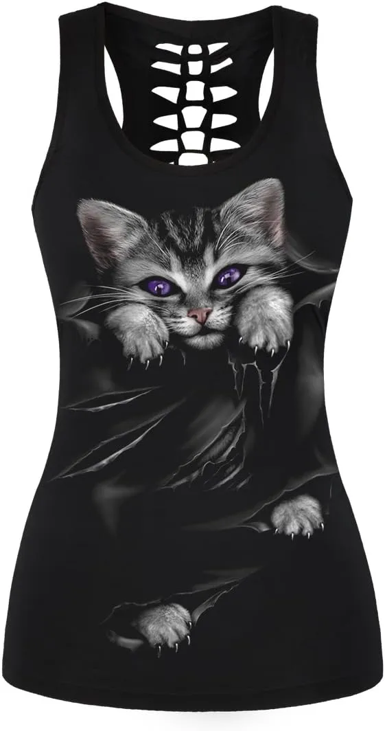 Womens Hollow Out Skull Print Workout Yoga Tank Tops Halloween Shirt