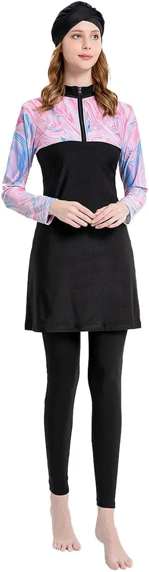 Women's Muslim Swimwear Long Sleeve Burkini Full Cover Swimsuit Hijab Rash Guard, 3pcs Set