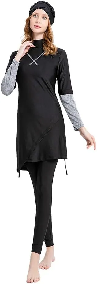 Women's Muslim Swimwear Long Sleeve Burkini Full Cover Swimsuit Hijab Rash Guard, 3pcs Set