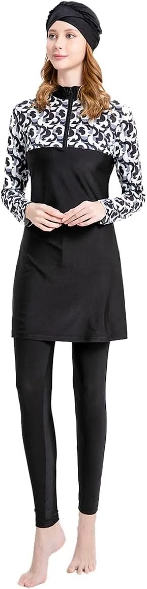 Women's Muslim Swimwear Long Sleeve Burkini Full Cover Swimsuit Hijab Rash Guard, 3pcs Set