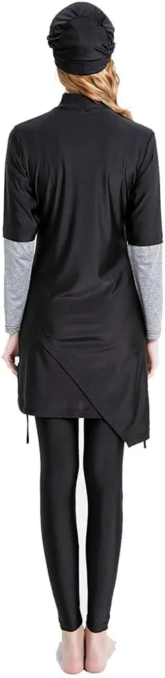 Women's Muslim Swimwear Long Sleeve Burkini Full Cover Swimsuit Hijab Rash Guard, 3pcs Set