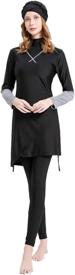 Women's Muslim Swimwear Long Sleeve Burkini Full Cover Swimsuit Hijab Rash Guard, 3pcs Set