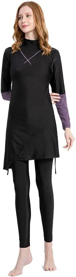 Women's Muslim Swimwear Long Sleeve Burkini Full Cover Swimsuit Hijab Rash Guard, 3pcs Set