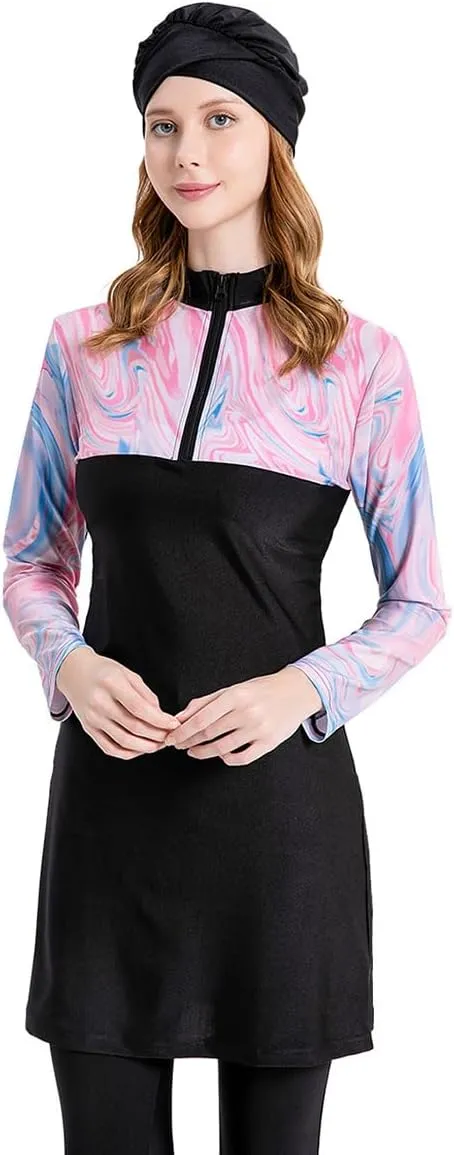 Women's Muslim Swimwear Long Sleeve Burkini Full Cover Swimsuit Hijab Rash Guard, 3pcs Set