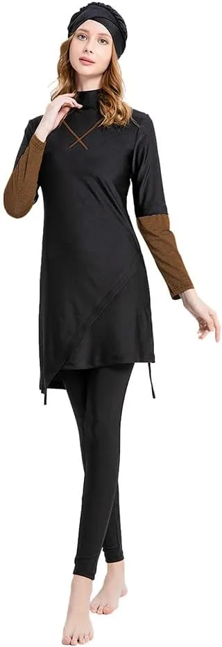 Women's Muslim Swimwear Long Sleeve Burkini Full Cover Swimsuit Hijab Rash Guard, 3pcs Set
