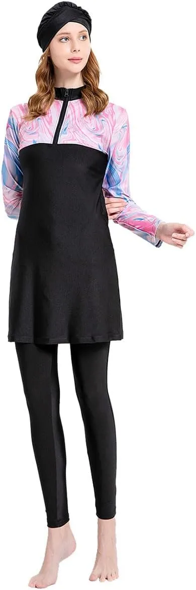 Women's Muslim Swimwear Long Sleeve Burkini Full Cover Swimsuit Hijab Rash Guard, 3pcs Set