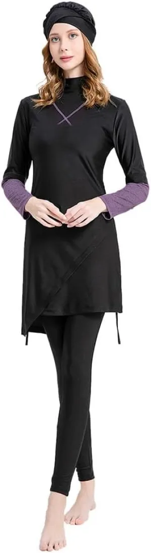 Women's Muslim Swimwear Long Sleeve Burkini Full Cover Swimsuit Hijab Rash Guard, 3pcs Set