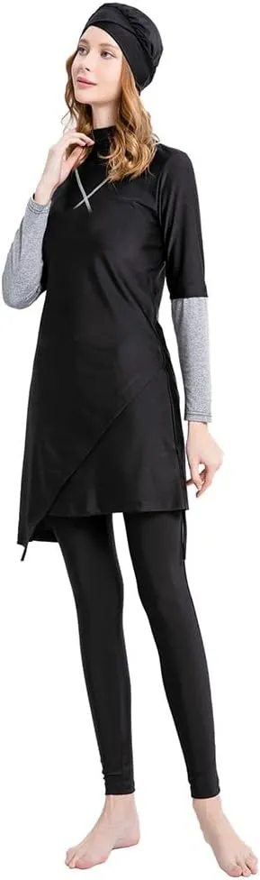 Women's Muslim Swimwear Long Sleeve Burkini Full Cover Swimsuit Hijab Rash Guard, 3pcs Set