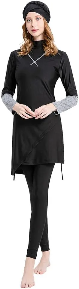 Women's Muslim Swimwear Long Sleeve Burkini Full Cover Swimsuit Hijab Rash Guard, 3pcs Set