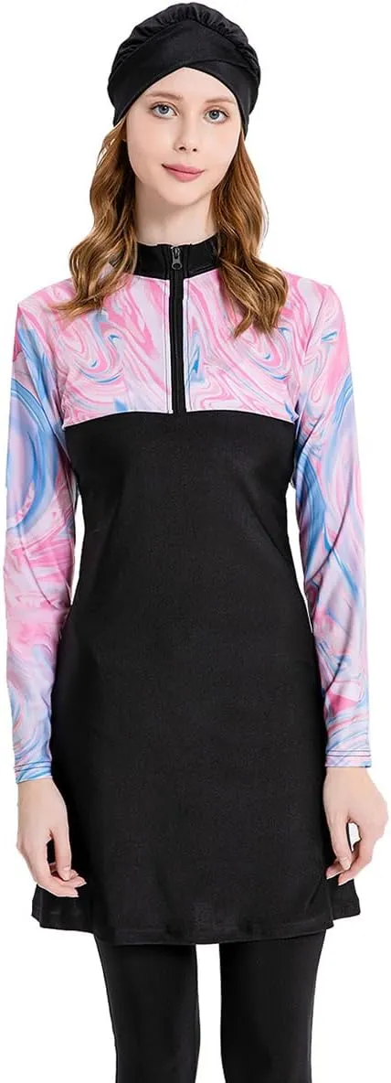 Women's Muslim Swimwear Long Sleeve Burkini Full Cover Swimsuit Hijab Rash Guard, 3pcs Set