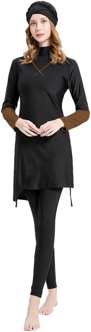 Women's Muslim Swimwear Long Sleeve Burkini Full Cover Swimsuit Hijab Rash Guard, 3pcs Set