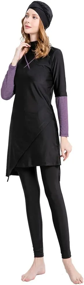 Women's Muslim Swimwear Long Sleeve Burkini Full Cover Swimsuit Hijab Rash Guard, 3pcs Set