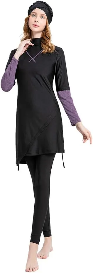 Women's Muslim Swimwear Long Sleeve Burkini Full Cover Swimsuit Hijab Rash Guard, 3pcs Set