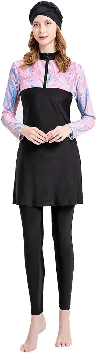 Women's Muslim Swimwear Long Sleeve Burkini Full Cover Swimsuit Hijab Rash Guard, 3pcs Set