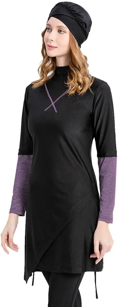 Women's Muslim Swimwear Long Sleeve Burkini Full Cover Swimsuit Hijab Rash Guard, 3pcs Set