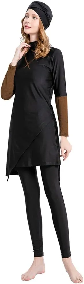 Women's Muslim Swimwear Long Sleeve Burkini Full Cover Swimsuit Hijab Rash Guard, 3pcs Set
