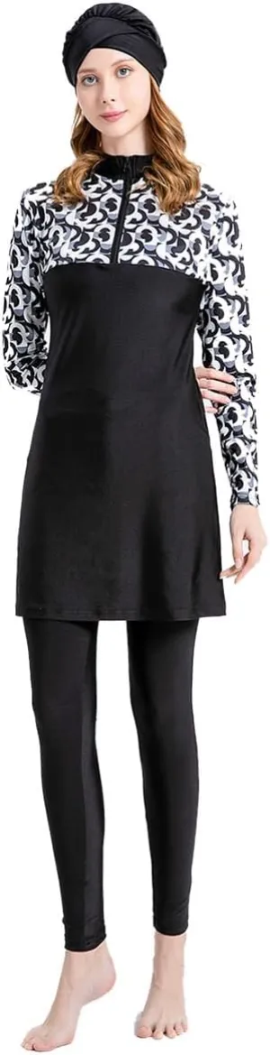 Women's Muslim Swimwear Long Sleeve Burkini Full Cover Swimsuit Hijab Rash Guard, 3pcs Set