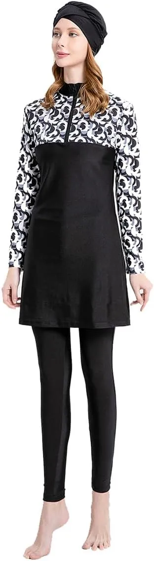Women's Muslim Swimwear Long Sleeve Burkini Full Cover Swimsuit Hijab Rash Guard, 3pcs Set