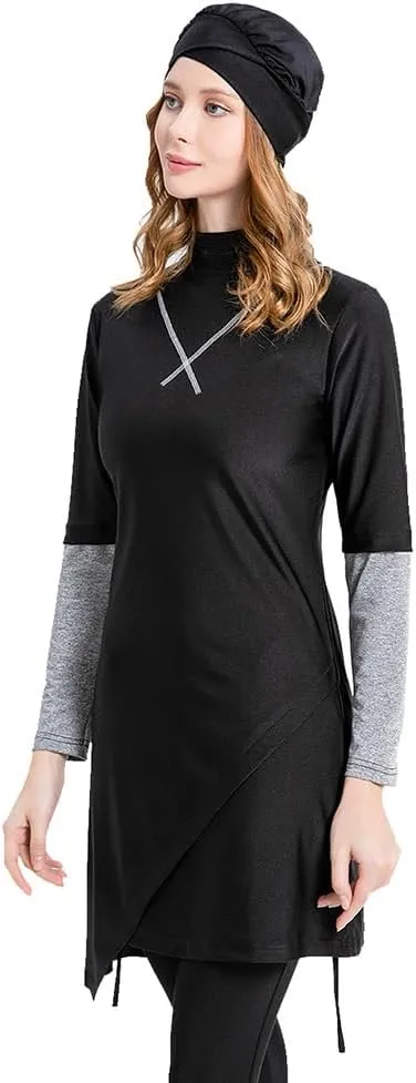 Women's Muslim Swimwear Long Sleeve Burkini Full Cover Swimsuit Hijab Rash Guard, 3pcs Set