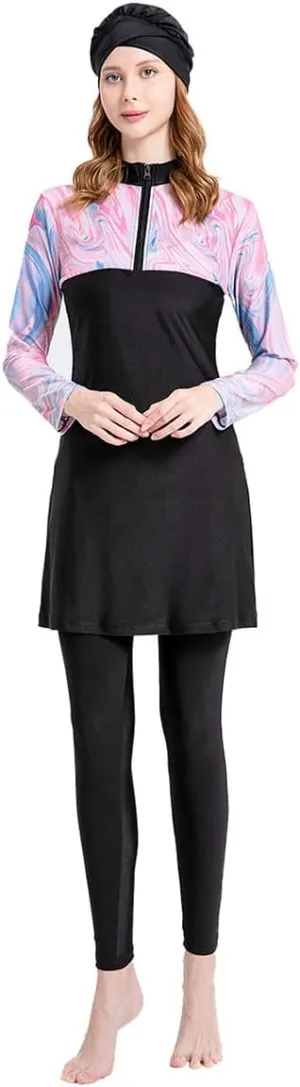 Women's Muslim Swimwear Long Sleeve Burkini Full Cover Swimsuit Hijab Rash Guard, 3pcs Set