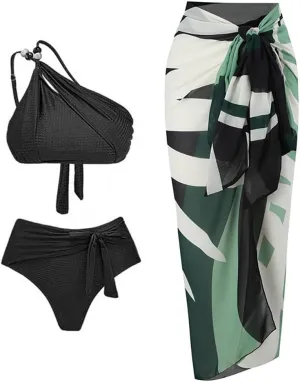 Women's One Piece Swimsuit with Beach Cover up Sarong Wrap Skirt 2PCS Halter Tummy Control Summer Bathing Suit