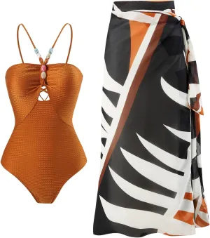 Women's One Piece Swimsuit with Beach Cover up Sarong Wrap Skirt 2PCS Halter Tummy Control Summer Bathing Suit