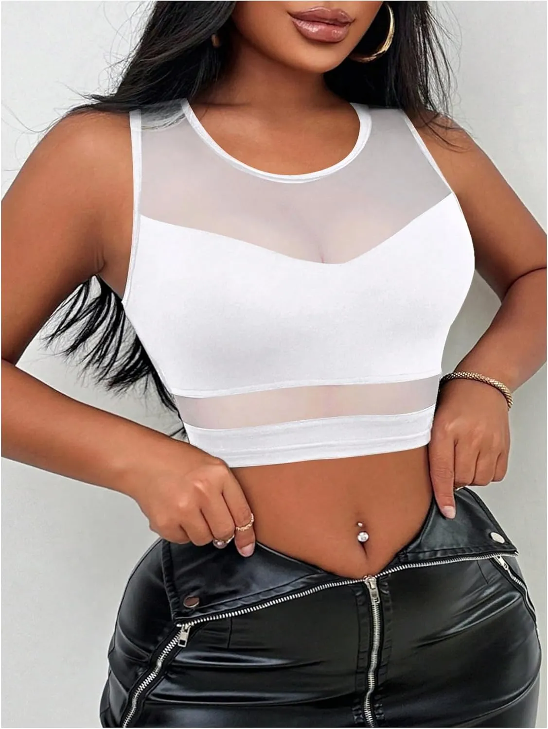 Women's Sheer Mesh Sleeveless Tank Top Slim Fit Crew Neck Crop Tops Party Club Tops