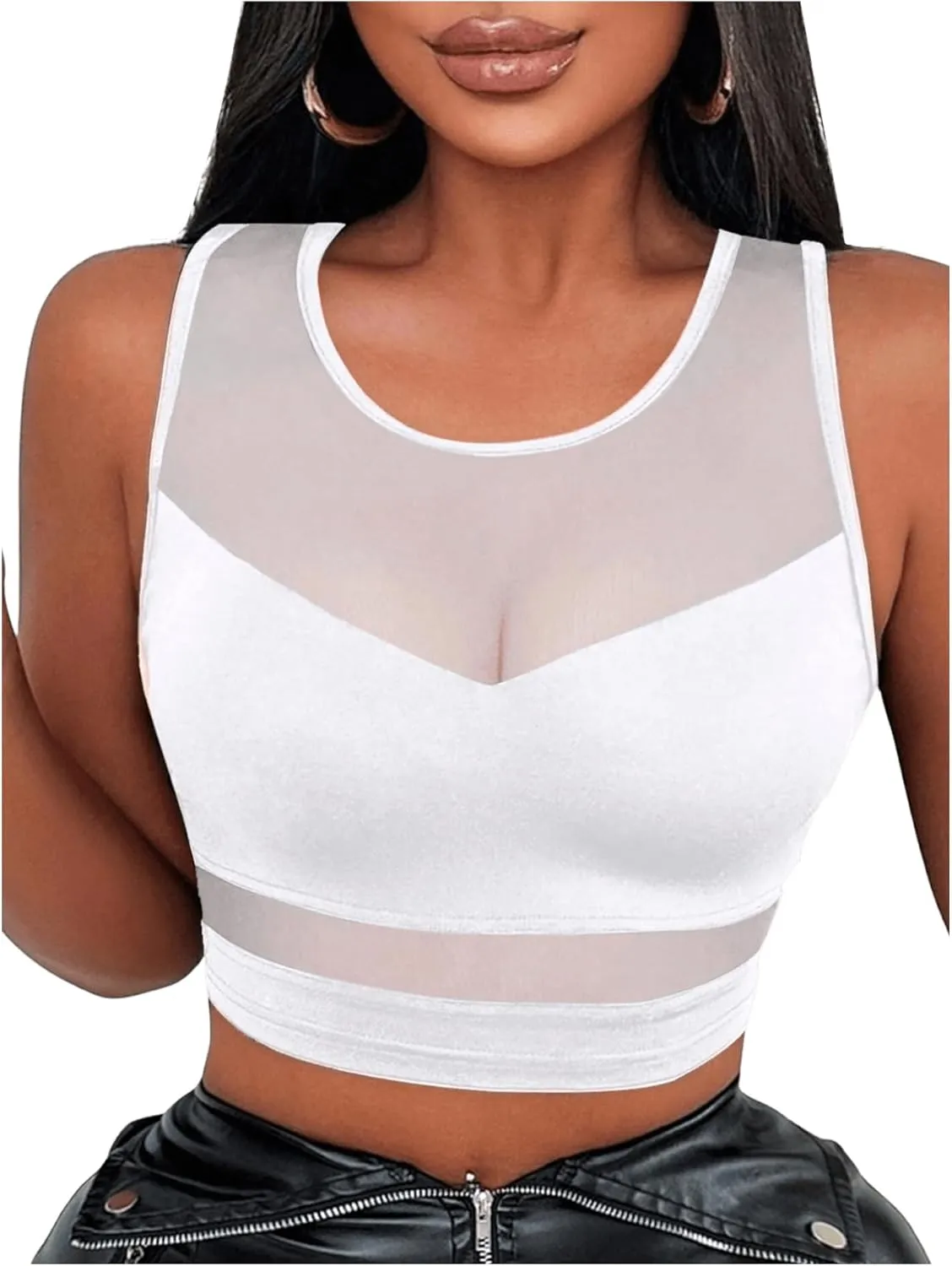 Women's Sheer Mesh Sleeveless Tank Top Slim Fit Crew Neck Crop Tops Party Club Tops
